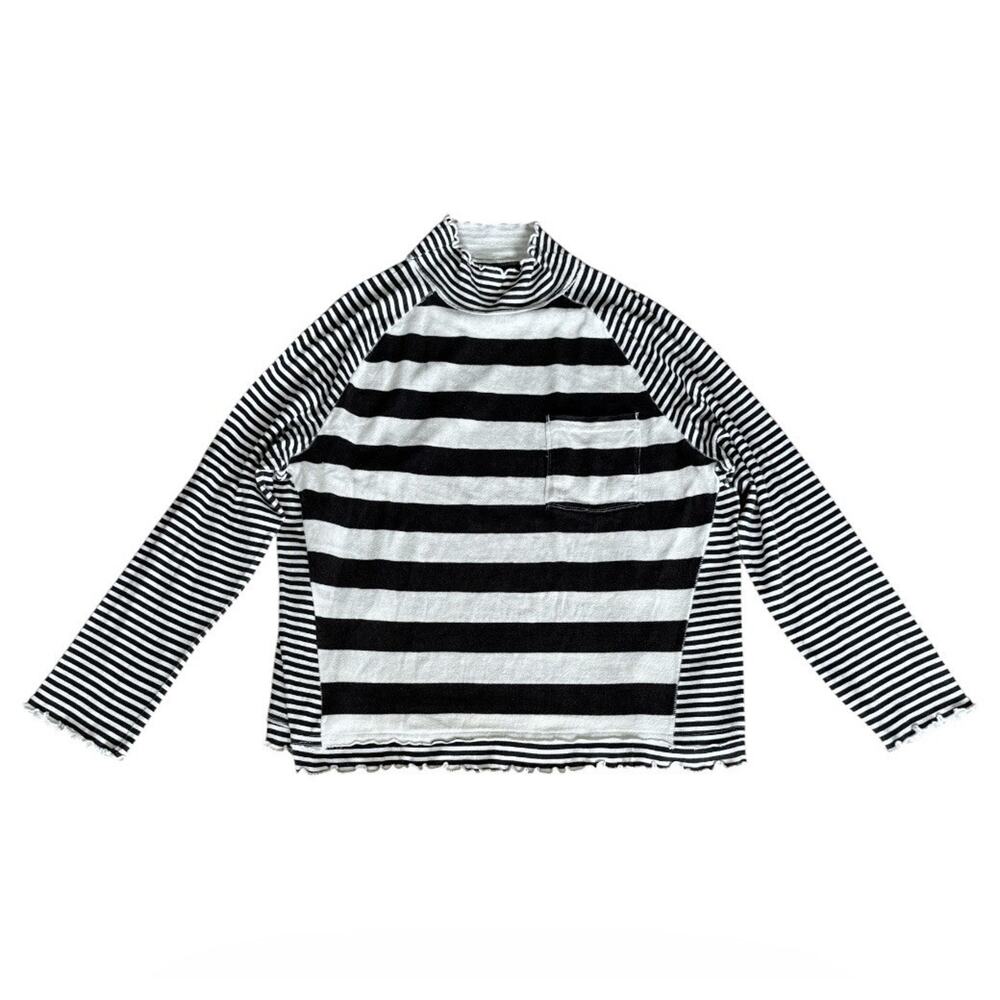 Free People We The Free Punk Playful Striped Tee Mock Neck Top Black Ivory L - Picture 3 of 9